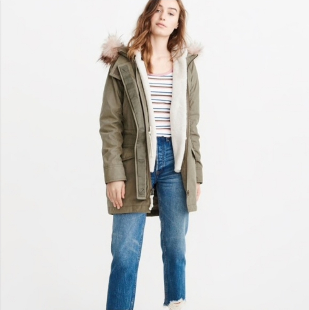 3-in-1 Abercrombie & Fitch Khaki Parka with Faux Fur Hood, Women's Jacket